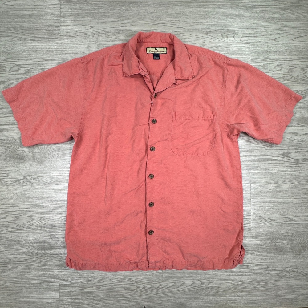 Tommy Bahama Mens Shirt Silk Short Sleeve Salmon Pink Small Tropical Palm